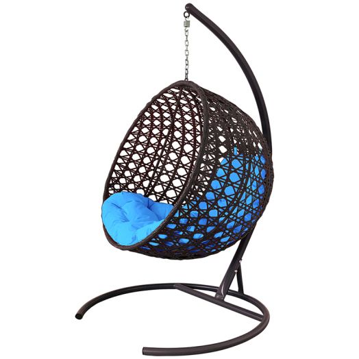 МГКШЛР-12-03 Подвесное кресло КРУГ ЛЮКС с ротангом коричневое, голубая подушка