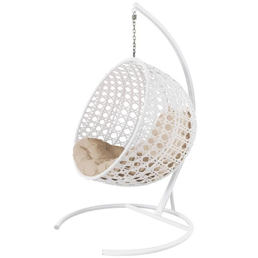 МГКШЛР-11-01 Подвесное кресло КРУГ ЛЮКС с ротангом белое, бежевая подушка