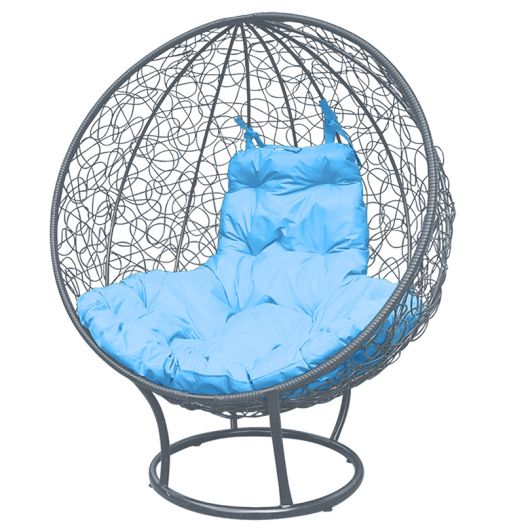 МГКШПР-13-03 Кресло КРУГ на подставке с ротангом серое, голубая подушка