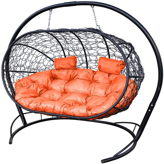МГПДЛ-14-07 Подвесной диван ЛЕЖЕБОКА с ротангом чёрный, оранжевая подушка