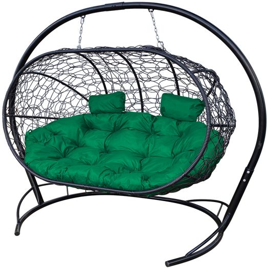 МГПДЛ-14-04 Подвесной диван ЛЕЖЕБОКА с ротангом чёрный, зелёная подушка