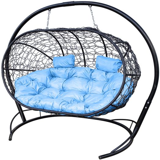 МГПДЛ-14-03 Подвесной диван ЛЕЖЕБОКА с ротангом чёрный, голубая подушка