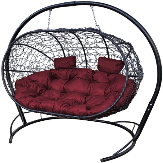 МГПДЛ-14-02 Подвесной диван ЛЕЖЕБОКА с ротангом чёрный, бордовая подушка