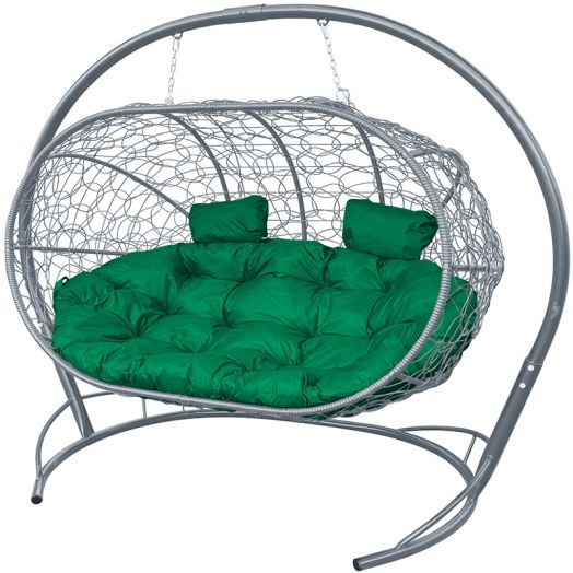 МГПДЛ-13-04 Подвесной диван ЛЕЖЕБОКА с ротангом серый, зелёная подушка