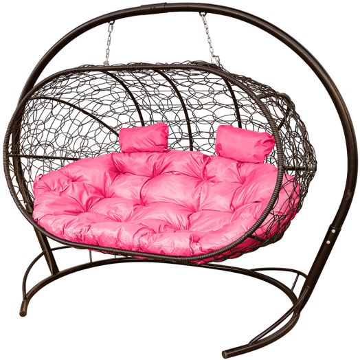 МГПДЛ-12-08 Подвесной диван ЛЕЖЕБОКА с ротангом коричневый, розовая подушка