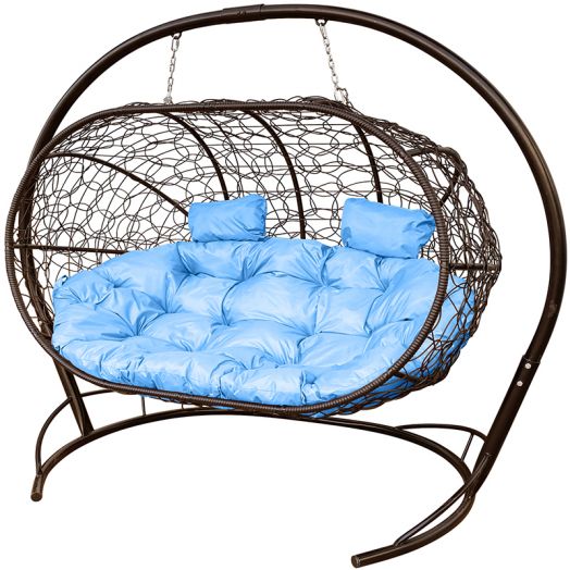 МГПДЛ-12-03 Подвесной диван ЛЕЖЕБОКА с ротангом коричневый, голубая подушка