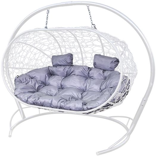 МГПДЛ-11-09 Подвесной диван ЛЕЖЕБОКА с ротангом белый, серая подушка