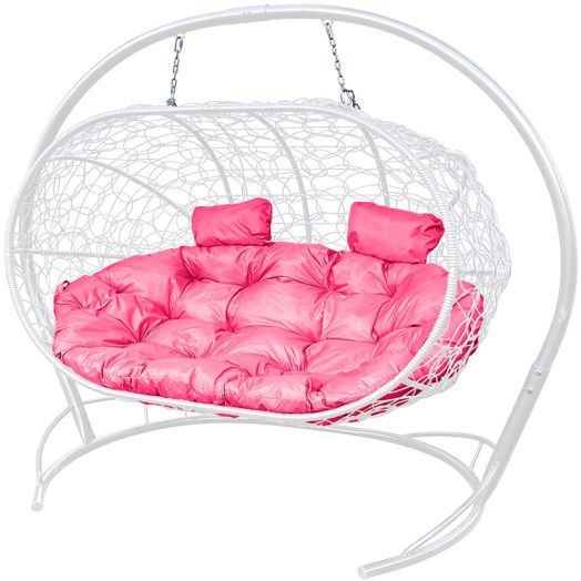 МГПДЛ-11-08 Подвесной диван ЛЕЖЕБОКА с ротангом белый, розовая подушка