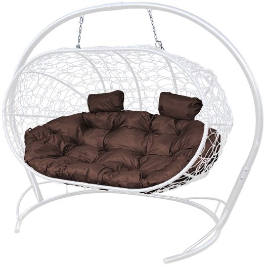 МГПДЛ-11-05 Подвесной диван ЛЕЖЕБОКА с ротангом белый, коричневая подушка