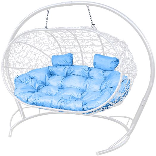 МГПДЛ-11-03 Подвесной диван ЛЕЖЕБОКА с ротангом белый, голубая подушка