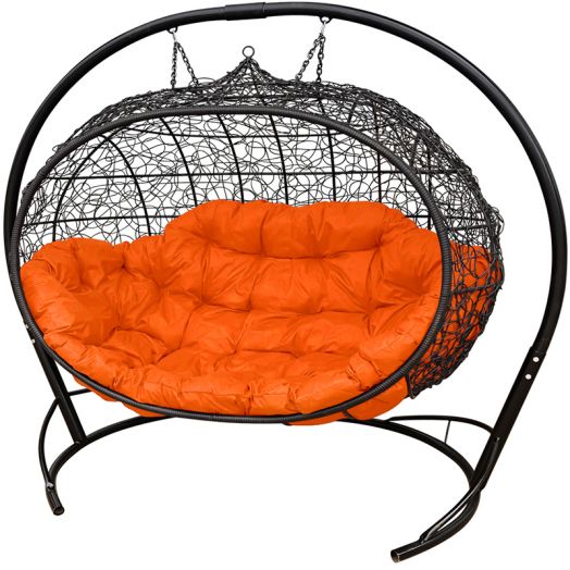 МГПДУ-14-07 Подвесной диван УЛЕЙ с ротангом чёрный, оранжевая подушка