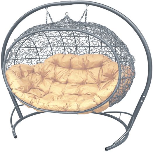 МГПДУ-13-01 Подвесной диван УЛЕЙ с ротангом серый, бежевая подушка