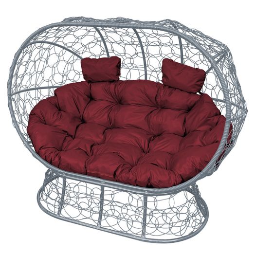 МГОДЛ-13-02 Диван ЛЕЖЕБОКА на подставке с ротангом серый, бордовая подушка