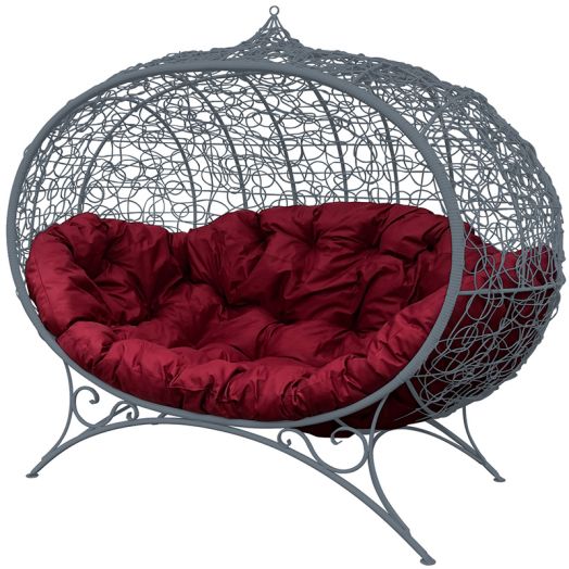 МГОДУ-13-02 Диван УЛЕЙ на ножках с ротангом серый, бордовая подушка