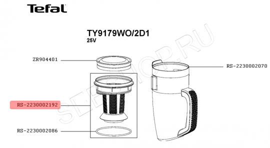 Сепаратор (пылеуловитель) пылесоса TEFAL  AIR FORCE SERENITY модели TY9179.  Артикул RS-2230002192.