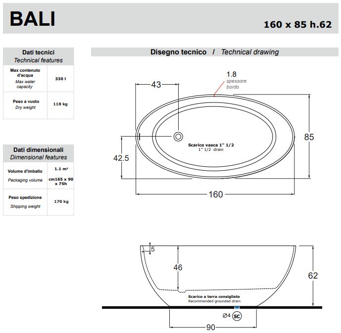 Отдельностоящая ванна Gruppo Treesse Bali 160х85 V026 схема 2