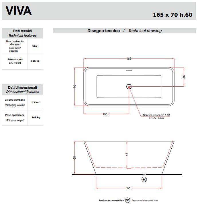 Композитная отдельностоящая ванна Gruppo Treesse Viva 165х70 V286 схема 2