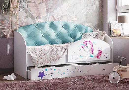 Кровать Звездочка, белый/рисунок единорог/бирюзовый с пуговицами