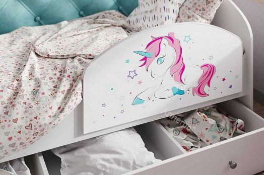 Кровать Звездочка, белый/рисунок единорог/бирюзовый со стразами