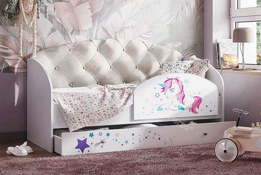 Кровать Звездочка, белый/рисунок единорог/кофе с молоком со стразами