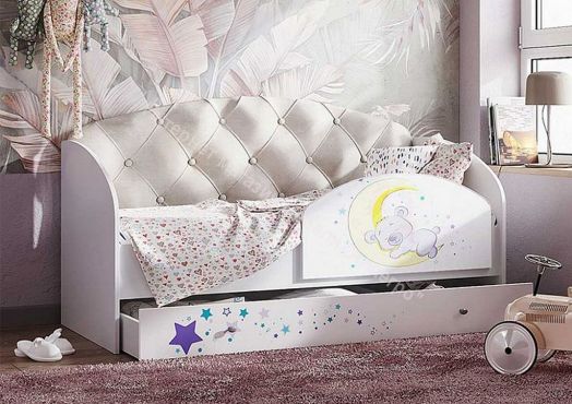 Кровать Звездочка, белый/рисунок медвежонок/кофе с молоком с пуговицами