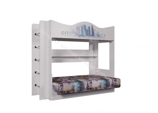 Кровать Сити двухъярусная с диваном, венге/белый/фиолетовый