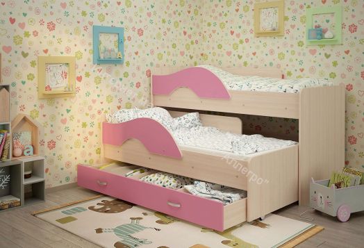 Кровать "Радуга" выкатная 1.9 на щитах с ящиком  Млечный дуб, Розовый