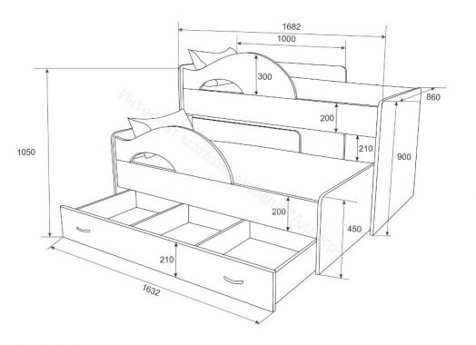 Кровать "Радуга" выкатная 1.9 на щитах с ящиком  Млечный дуб, Синий