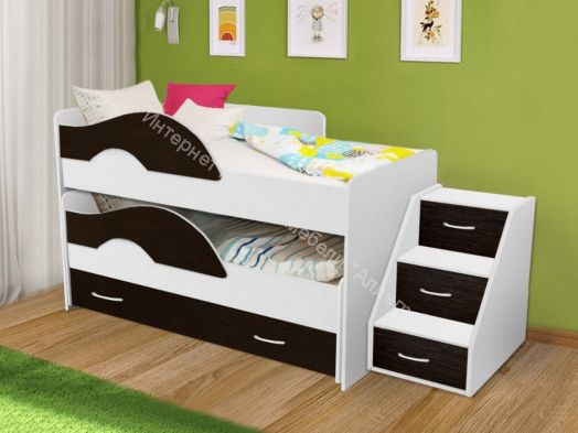 Кровать выкатная "Радуга" (Матрешка) 0,8х1,6м на щитах с ящиком и лесенкой Белый, Венге