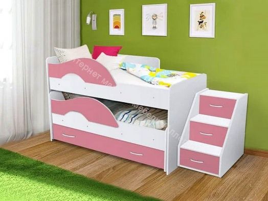 Кровать 2-х ярусная выкатная "Радуга" (Матрешка) 0,8х1,6м на щитах с ящиком и лесенкой Белый, Розовый