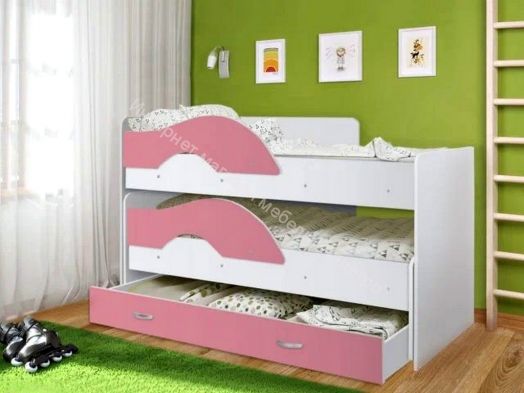 Кровать 2-х ярусная выкатная "Радуга" (Матрешка) 0,8х1,6м на щитах с ящиком и лесенкой Белый, Розовый