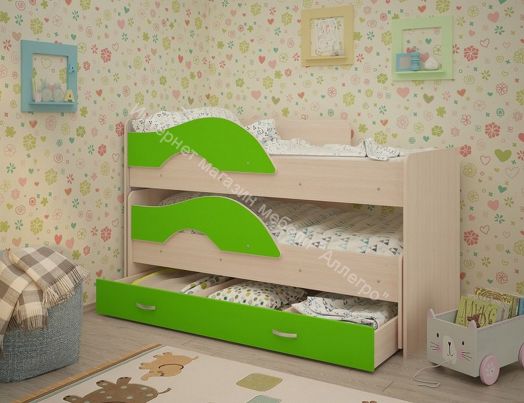 Кровать "Радуга" выкатная 1.9 на щитах с ящиком  Млечный дуб, Лайм