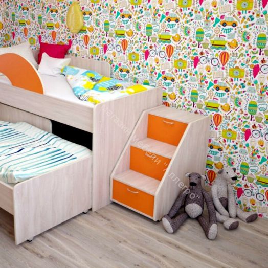 Лестница для кроватей "Радуга" (Матрешка), "Соник" млечный дуб/оранжевый