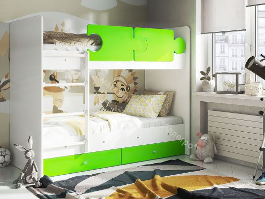 Кровать двухъярусная  "Тетрис" 1900*800 на щитах белый/лайм