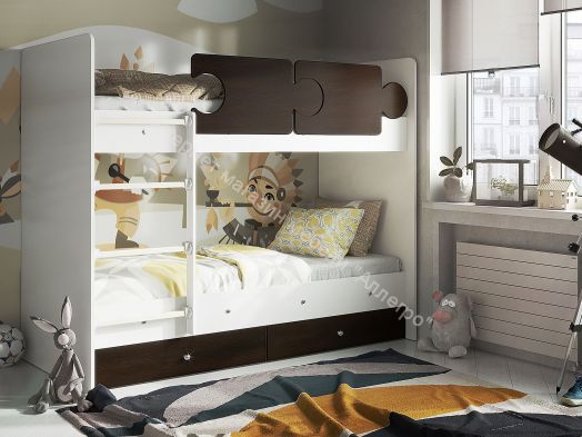 Кровать двухъярусная  "Тетрис" 1900*800 на щитах белый/венге