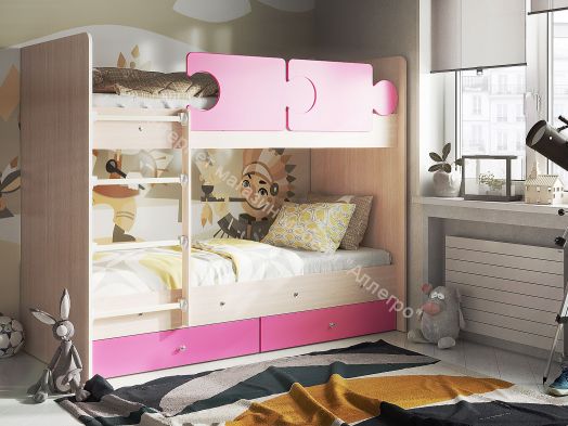 Кровать двухъярусная "Тетрис" 1900*800 на щитах млечный дуб/розовый