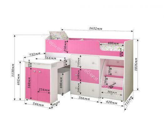 Кровать Малыш 70*160 МАЛЫЙ, Белое дерево/Розовый