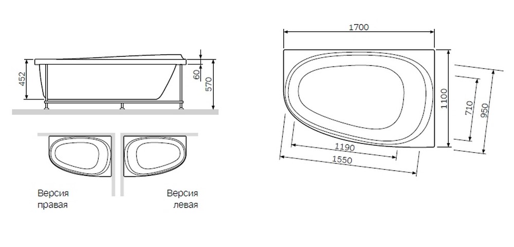 Акриловая ванна Am.Pm Like W80A-170L110W-A 170х110 левосторонняя схема 2