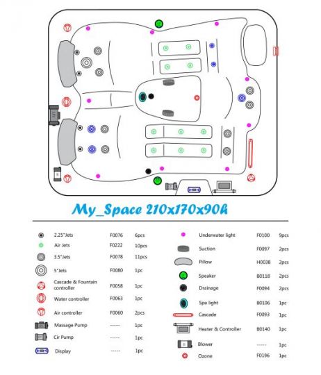 Прямоугольный гидромассажный СПА бассейн AquaSpas My Space 210х170 схема 20