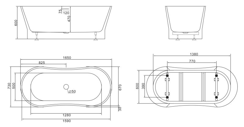 Овальная ванна Belbagno BB406 165х73 ФОТО