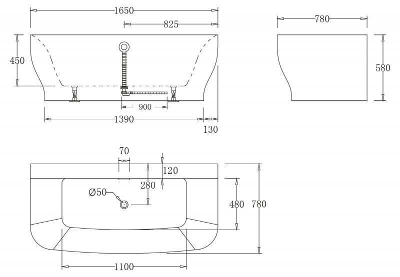 Ванна Belbagno BB74 для свободного монтажа на пол 165x78 см схема 2