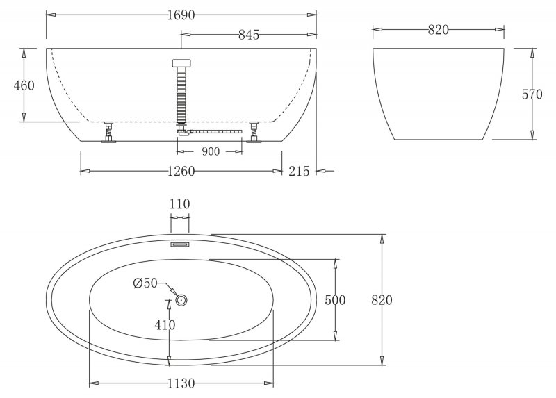 Ванна Belbagno BB69 отдельностоящая 170x82 схема 2