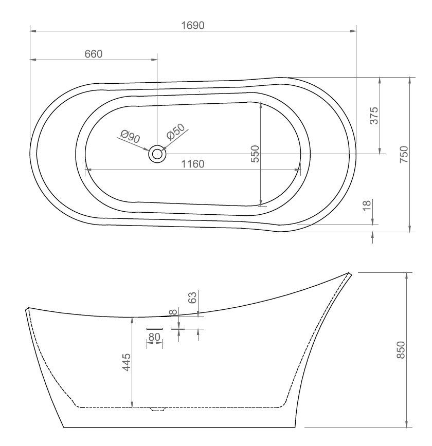 Акриловая ванна ABBER AB9245 169х75 схема 2