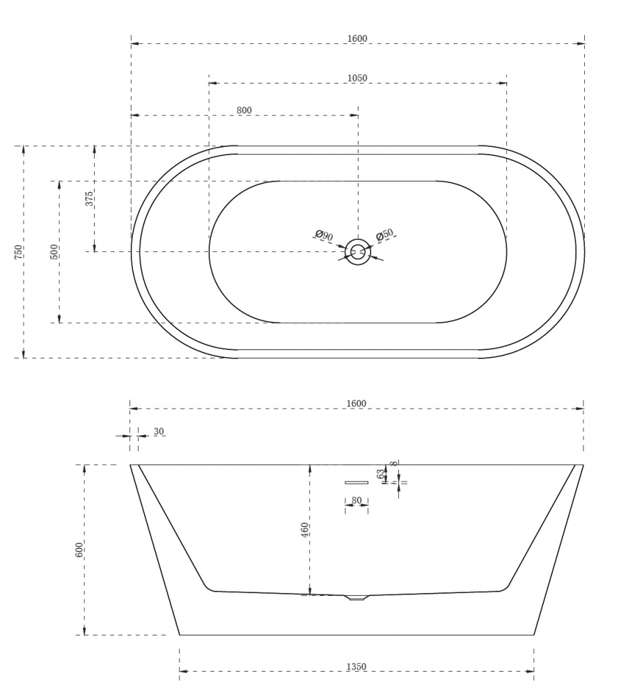 Акриловая ванна ABBER AB9320-1.6 160х75 схема 2