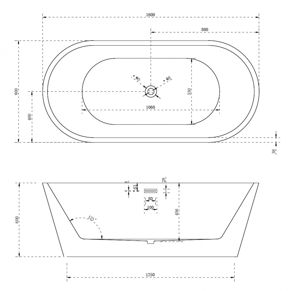 Отдельностоящая ванна акриловая ABBER AB9203-1.6 160х80 схема 2