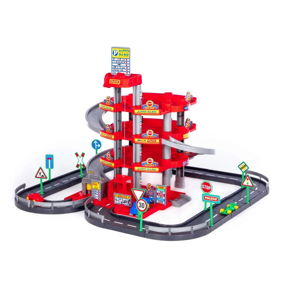 Паркинг 4-уровневый с дорогой и автомобилями (красный) (в коробке)