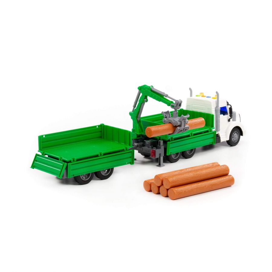 "Профи", автомобиль бортовой с манипулятором и прицепом инерционный (со светом и звуком) (зелёный) (в коробке)