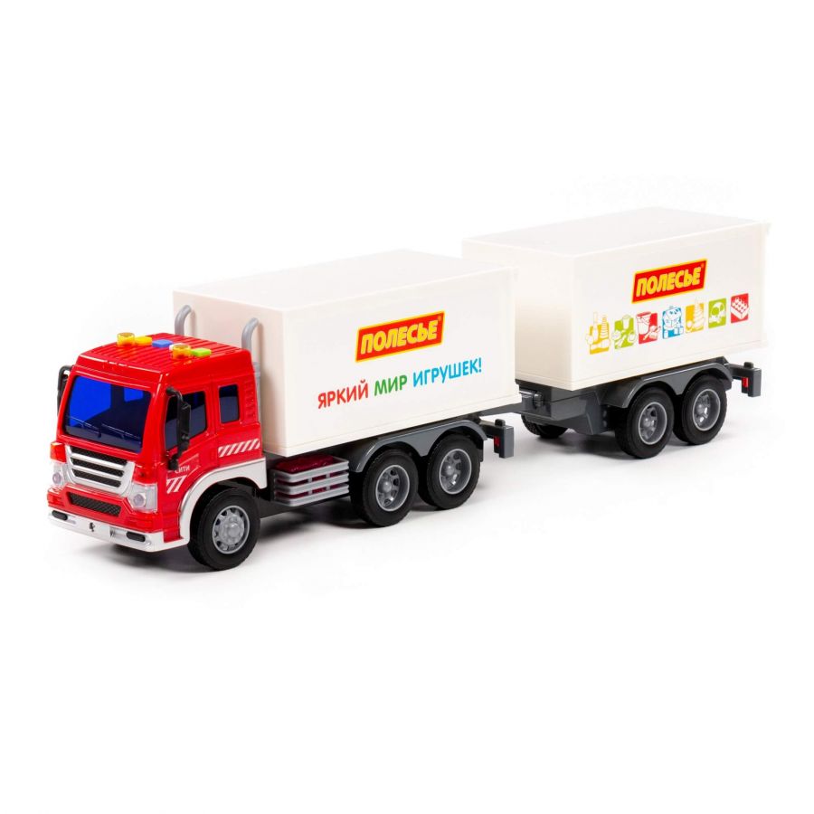 "Сити", автомобиль-фургон с прицепом инерционный (со светом и звуком) (красно-белый) (в коробке)