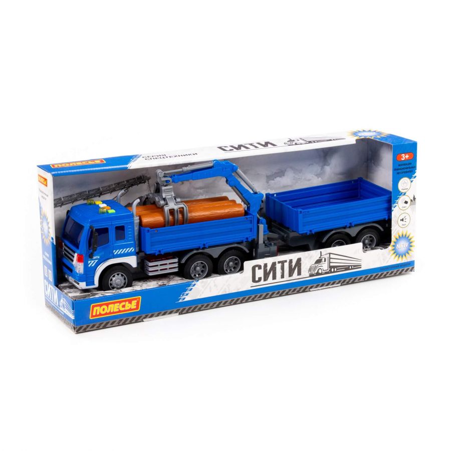 "Сити", автомобиль бортовой с манипулятором и прицепом инерционный (со светом и звуком) (синий) (в коробке)