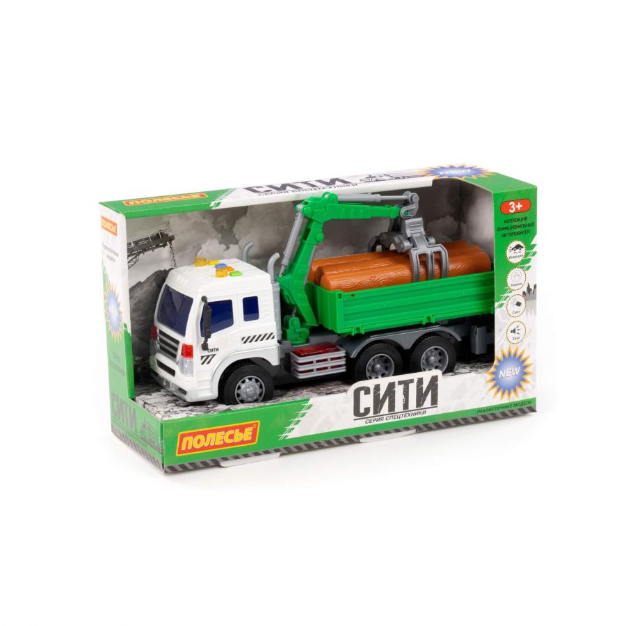 "Сити", автомобиль бортовой с манипулятором инерционный (со светом и звуком) (зелёный) (в коробке)